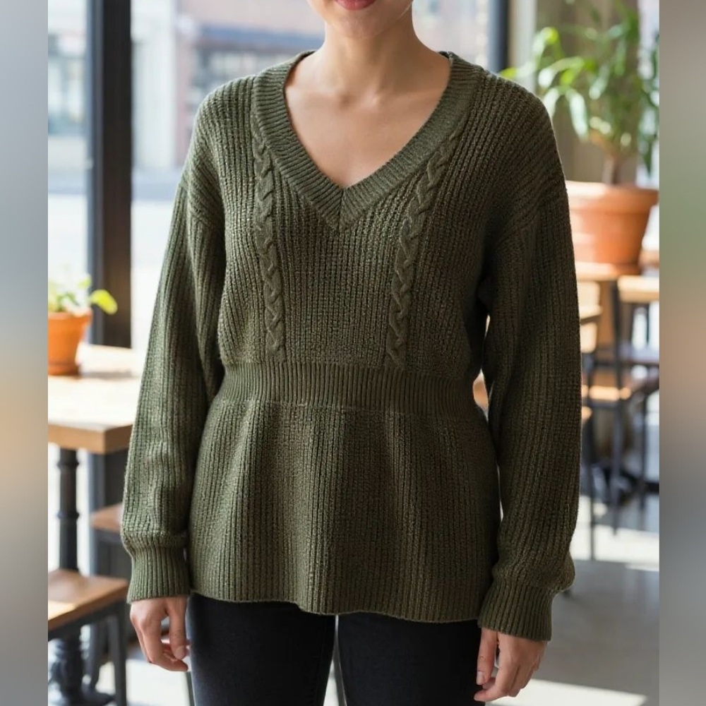 Olive Green V-Neck Women's Sweater